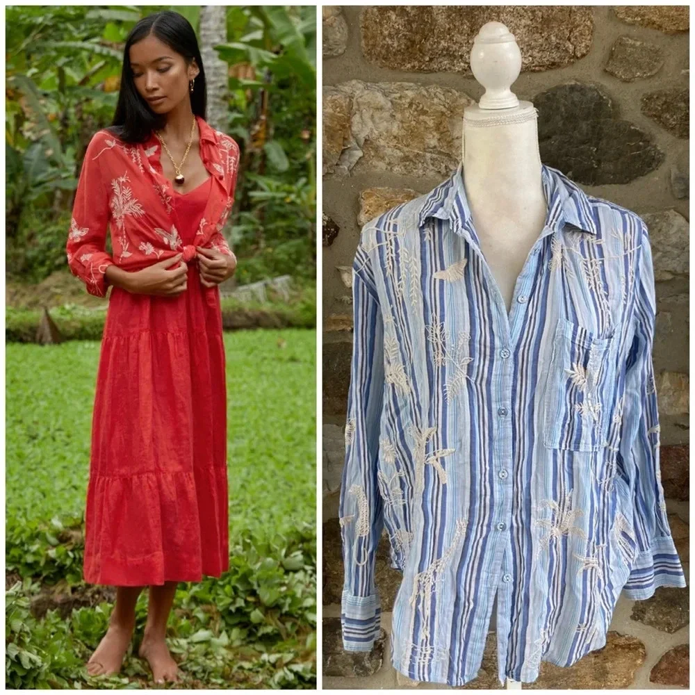 Johnny Was Workshop Sarabi Embroidered Striped Boxy Pocket Shirt $210